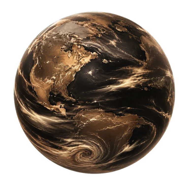 A pearlescent Earth-inspired planet in bronze and warm graphite tones